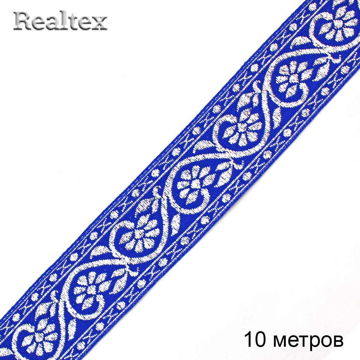 Тесьма жакардовая 32мм с3104г17 рис.9819 "в" (10м) цв.электрик/серебро