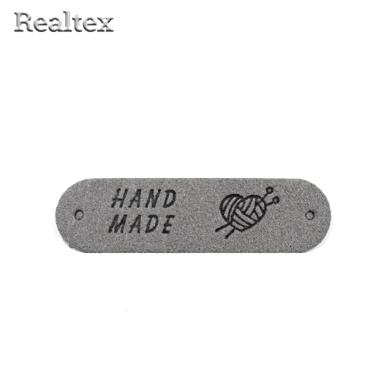 Бирка пришивная замша Realtex №23 "Клубок сердечком со спицами " цв.серый
