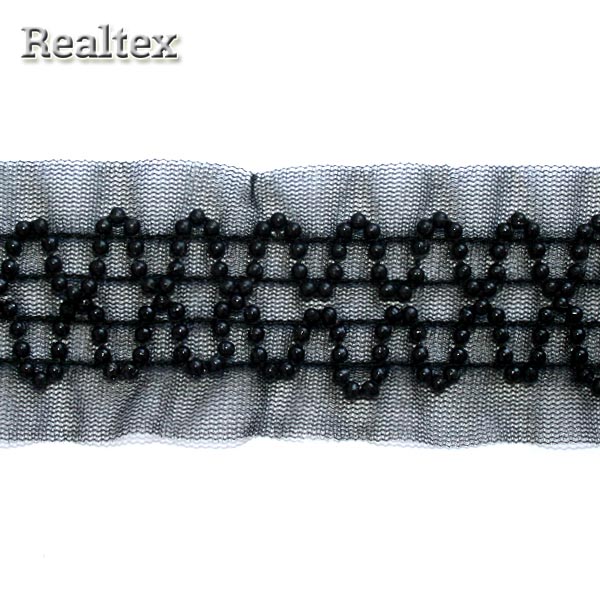 Тесьма-рюша с бусинами CTZ-9733 45мм цв.черный