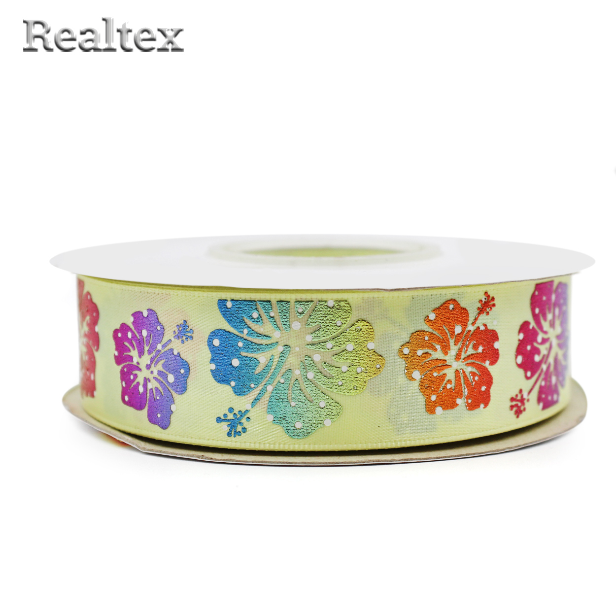 Лента атласная с рисунком 25мм объемный 2D "Лилии" цв.058 св.лимонный