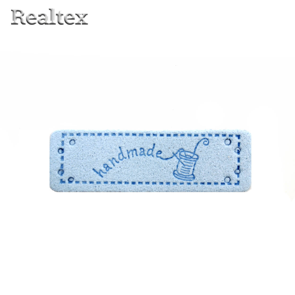 Бирка пришивная замша Realtex №24 "Катушка ниток с иглой" цв.светло-голубой
