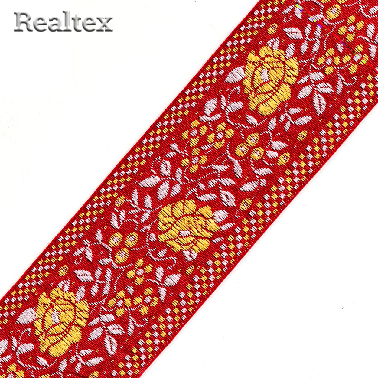 Тесьма жакардовая 50мм с3379г17 рис.9600 (25м) цв.красный/жёлтый/белый