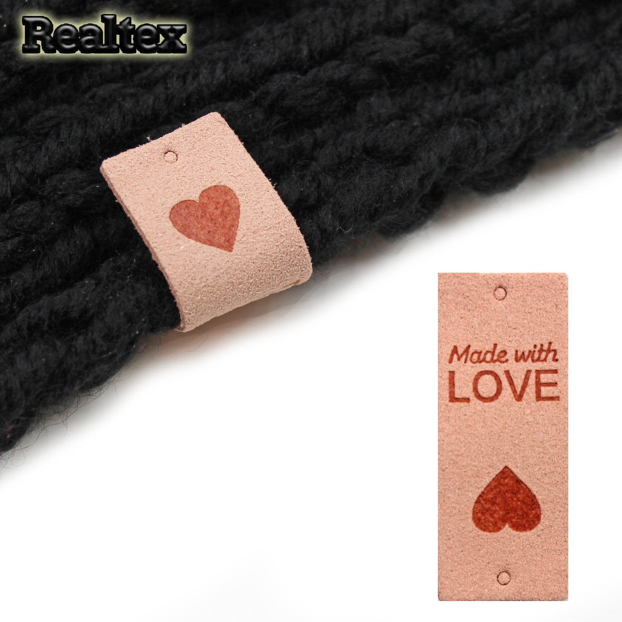 Бирка пришивная замша Realtex №25 "Made with Love" цв.пудровый