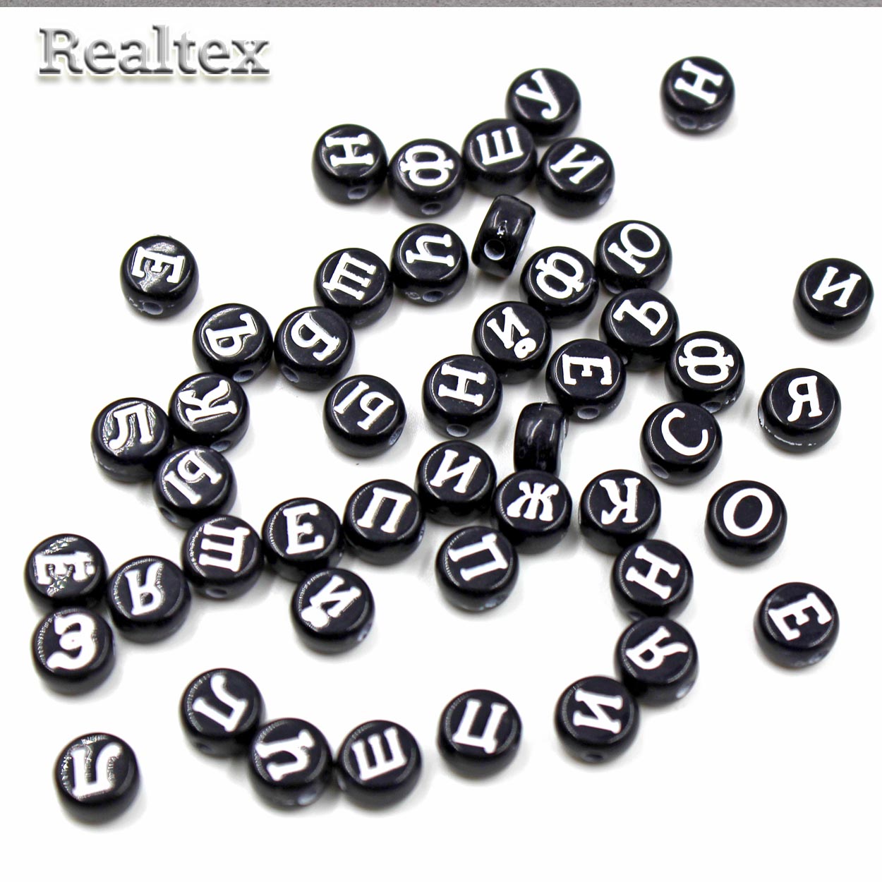 Бусины пластик Реалтекс Русский алфавит 4*7мм (500гр) цв.черный