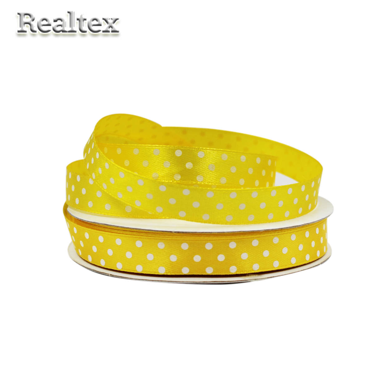 Лента атласная с рисунком  12мм  Realtex "Горох" цв.3019 жёлтый