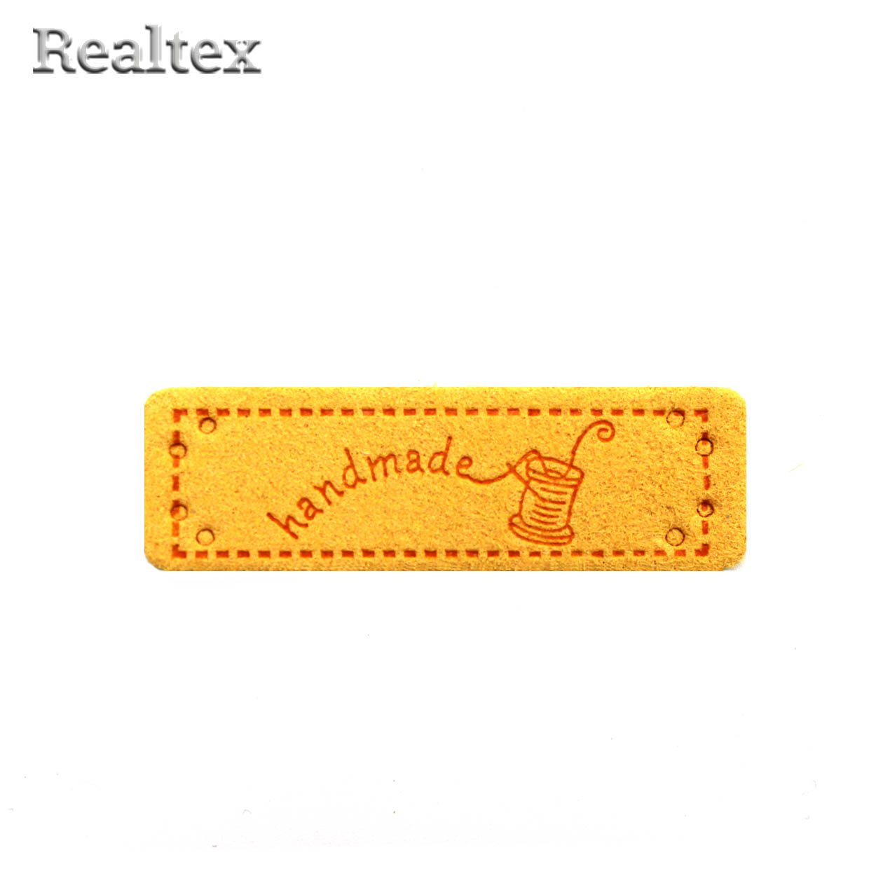 Бирка пришивная замша Realtex №24 "Катушка ниток с иглой" цв.темно-желтый