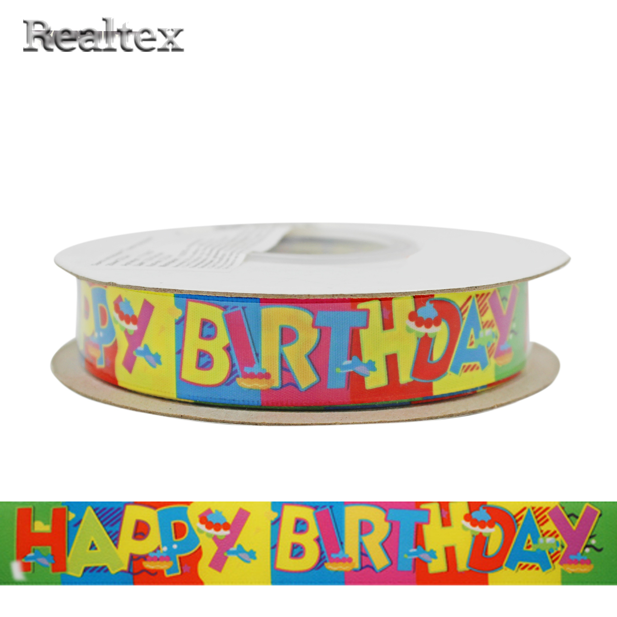 Лента атласная с рисунком 20мм "С Днем рождения" цв.разноцветный