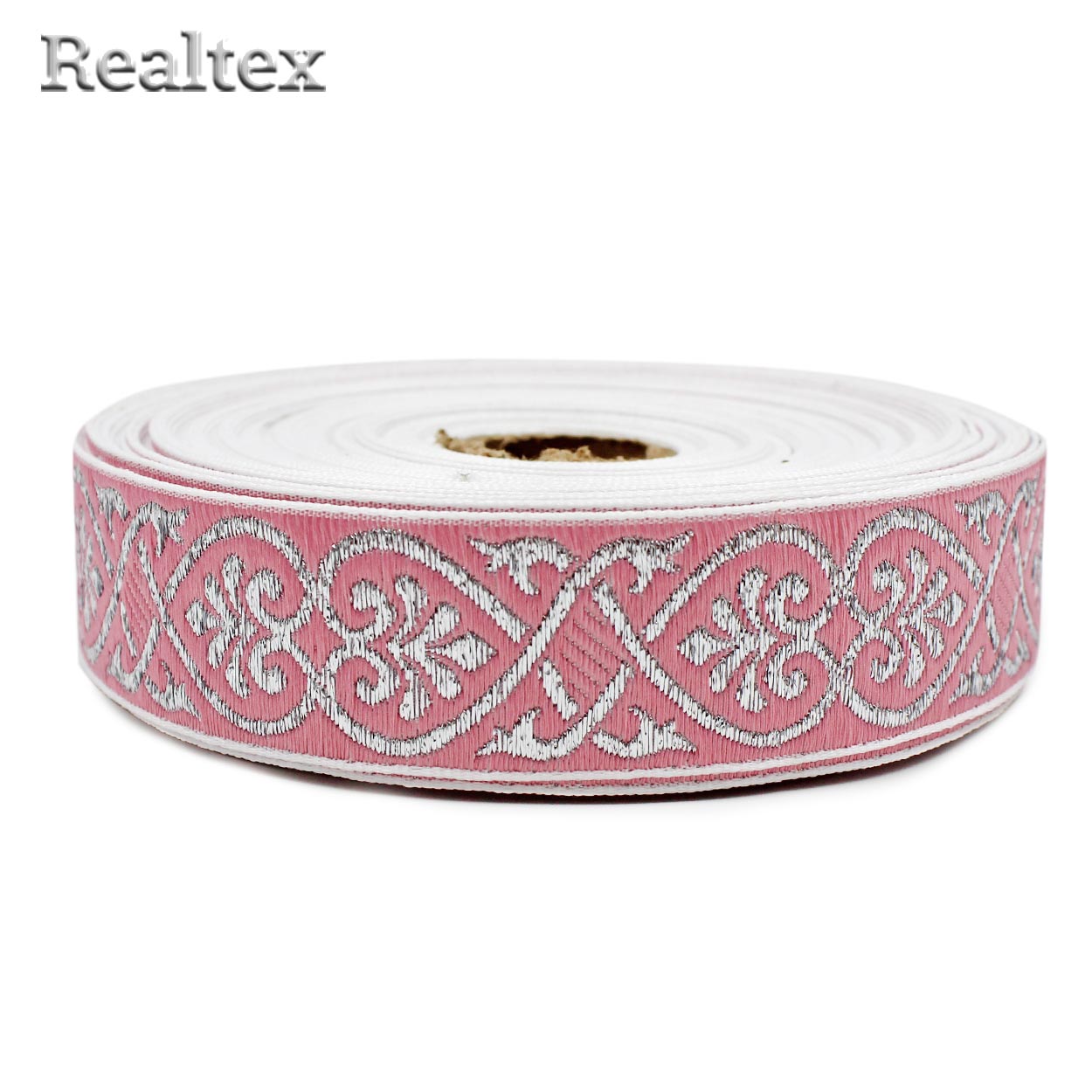 Тесьма жакардовая 32мм с3104г17 рис.9818 "в" (25м) цв.розовый/серебро