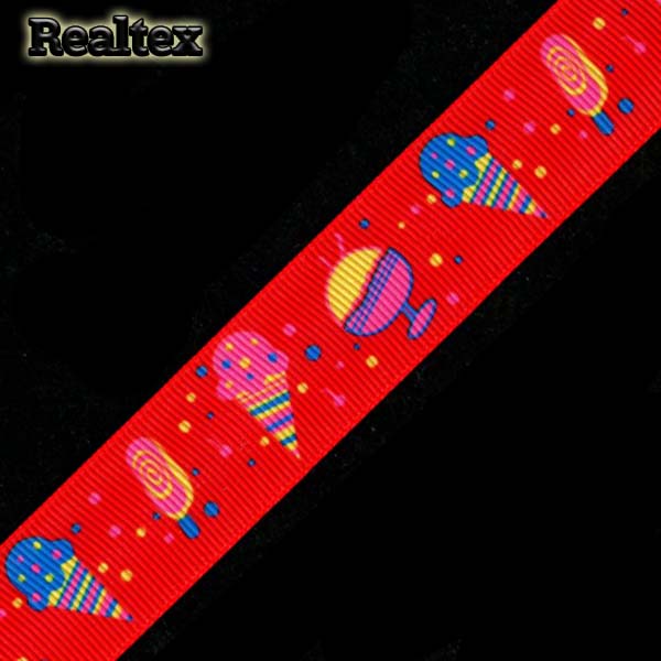 Лента репсовая с рисунком Реалтекс 25мм "Мороженое" цв.красный