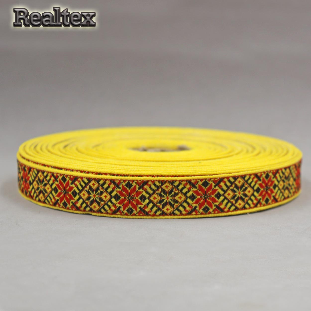 Тесьма жакардовая 18мм с1851г17 рис.9513 (25м) цв.желтый/красный/черный