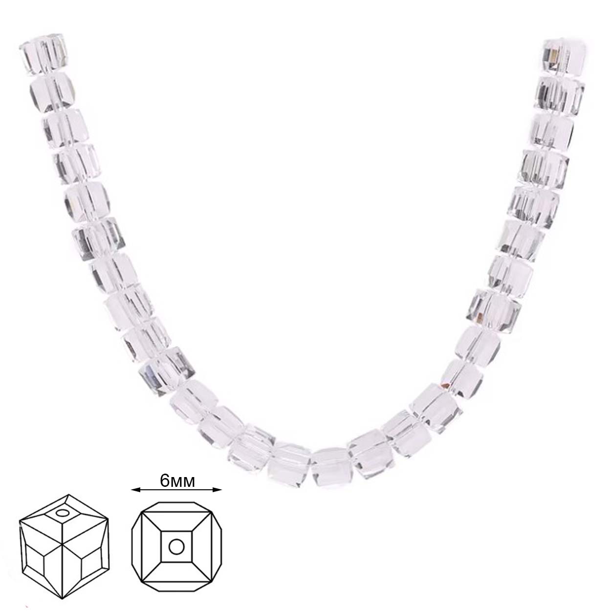 Бусины Realtex стеклянные 6*6мм "Квадрат" на нитях цв.01 прозрачный