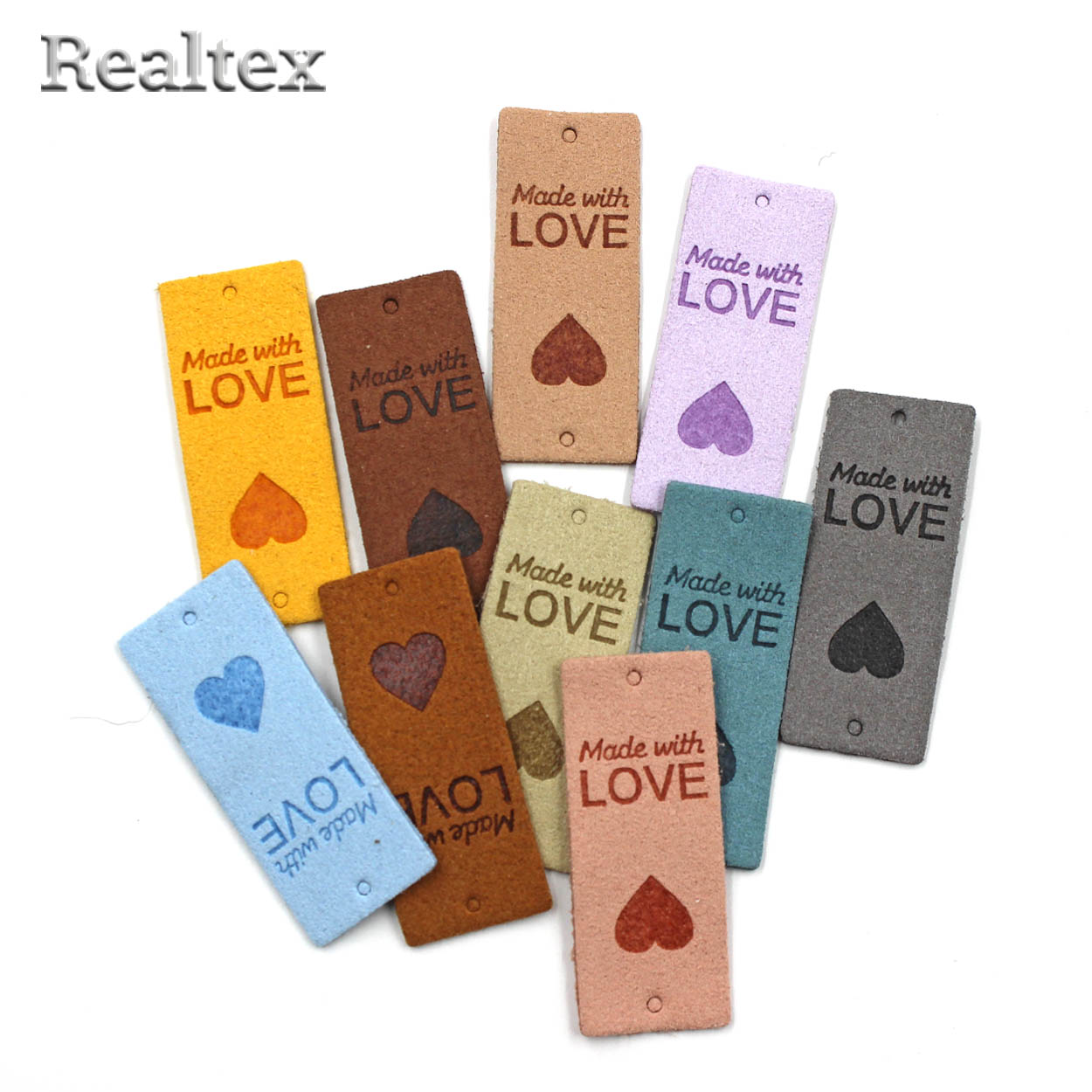 Бирка пришивная замша Realtex №25 "Made with Love" цв.ассорти