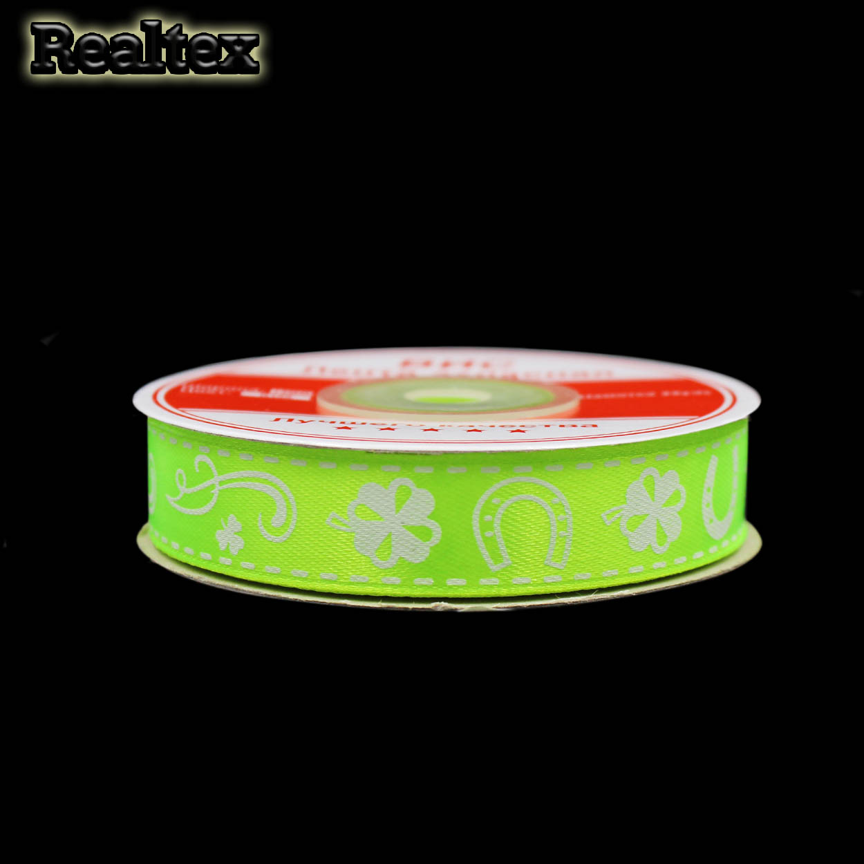 Лента атласная с рисунком 15мм RS "Подкова" цв.100 салатовый неон