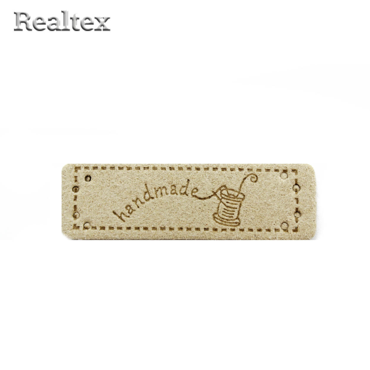 Бирка пришивная замша Realtex №24 "Катушка ниток с иглой" цв.бежевый