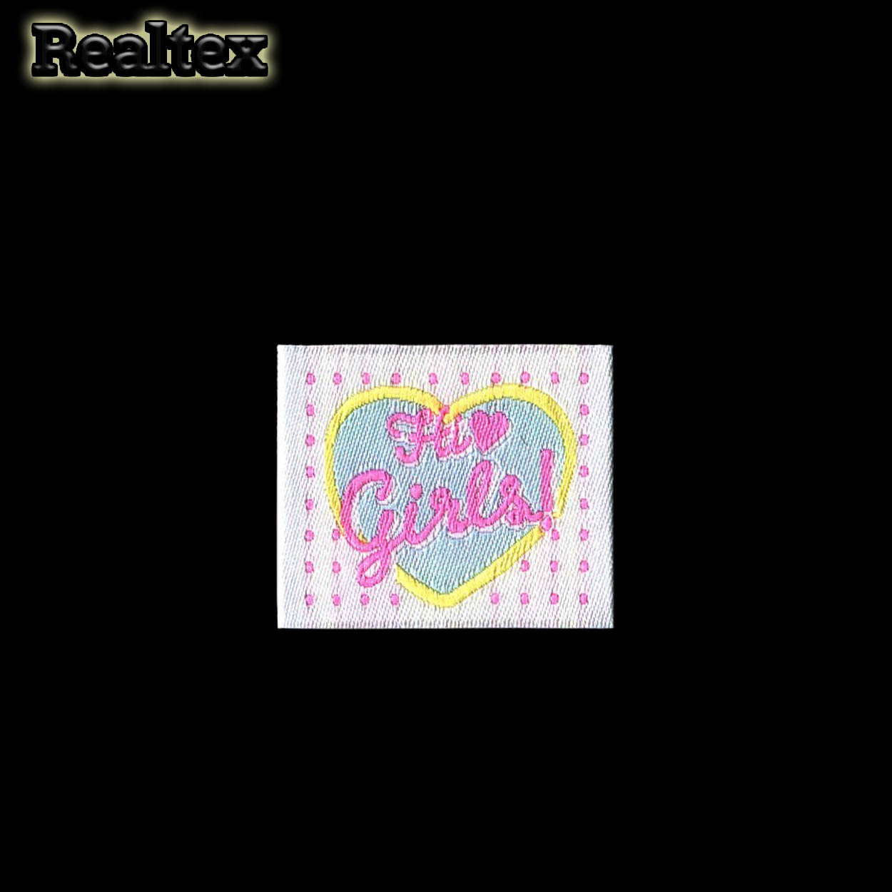 Бирка пришивная ткань Realtex №63 "HiGirls" (25шт) цв.белый/бирюзовый
