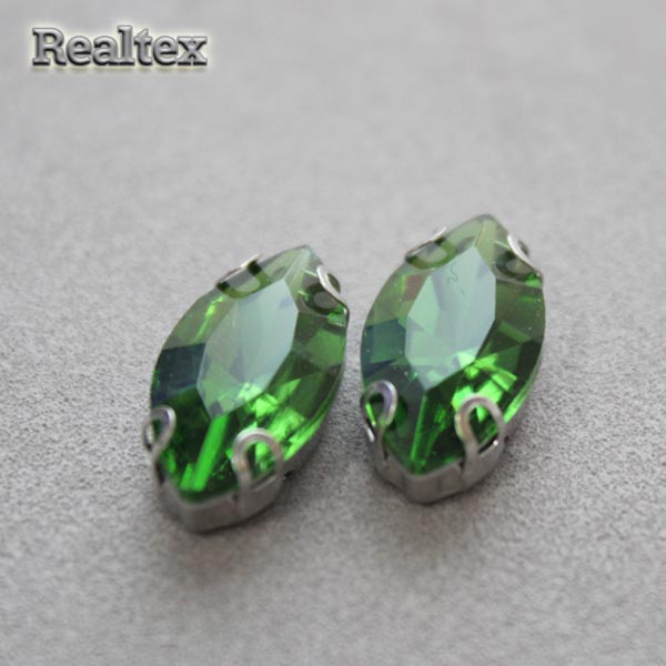 Стразы пришивные стекло в оправе Realtex "овал острый" 7*15мм цв.14 Green