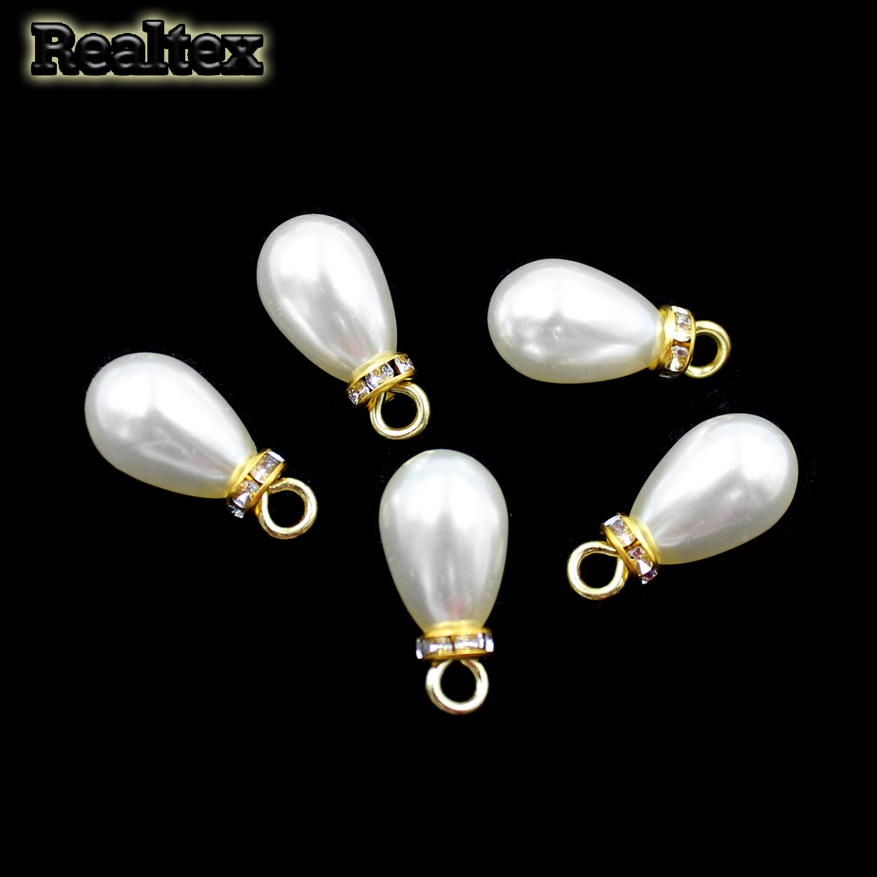 Бусины-подвесы со стразами пластик Realtex 10*14мм (25шт) цв.молочный/золото