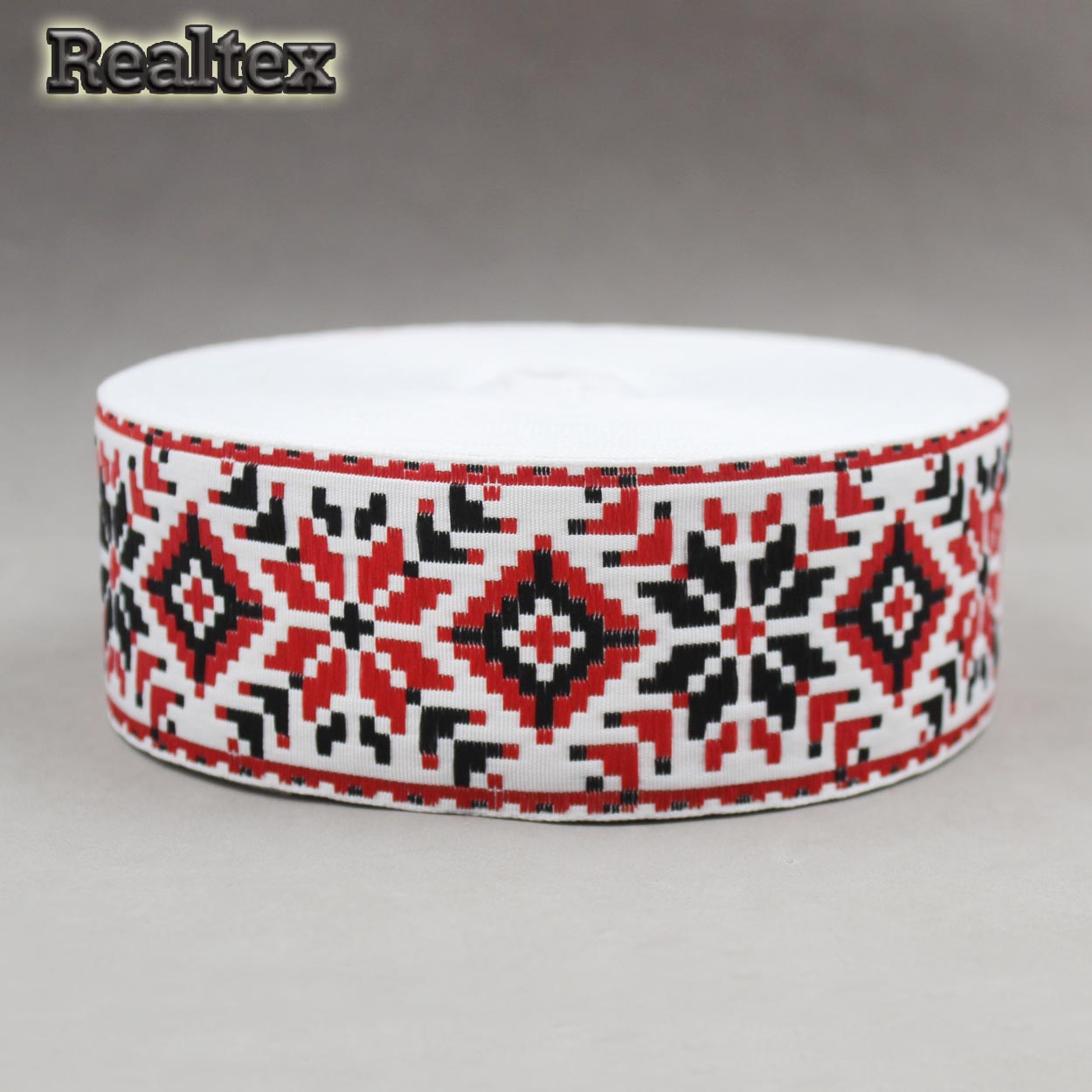 Тесьма жакардовая 50мм с3379г17 рис.9645 (25м) цв.белый/красный/черный