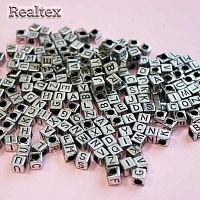 Бусины пластик Реалтекс Английский алфавит 6*6мм (500гр) цв.серебро