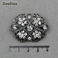 Брошь со стразами  Реалтекс R-8-9 на планшете цв.черный никель 