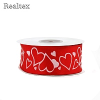 Лента  атласная с рисунком 40мм  Realtex "Сердечки" цв.красный (3047)/белый